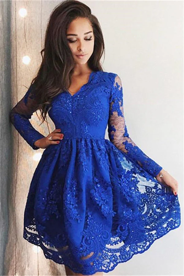 Cute Royal Blue Lace Long Sleeves Homecoming Dress Short Hoco Dresses - Image 3