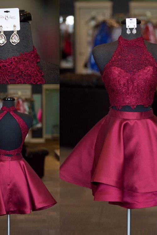 Cute Two-Piece Homecoming Dresses Blue Halter Neck Hoco Dresses - Image 2