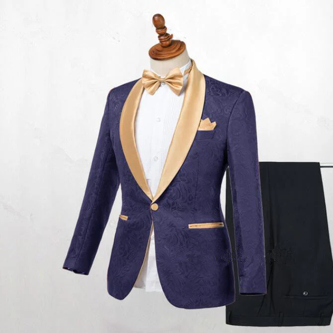 Dark Blue Jacquard Shawl Lapel Wedding Suits - Image 2