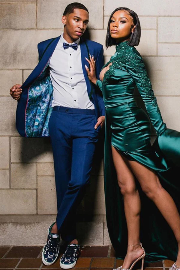 Dark Blue Shawl Lapel One-Button Prom Suit with Black Border - Image 2