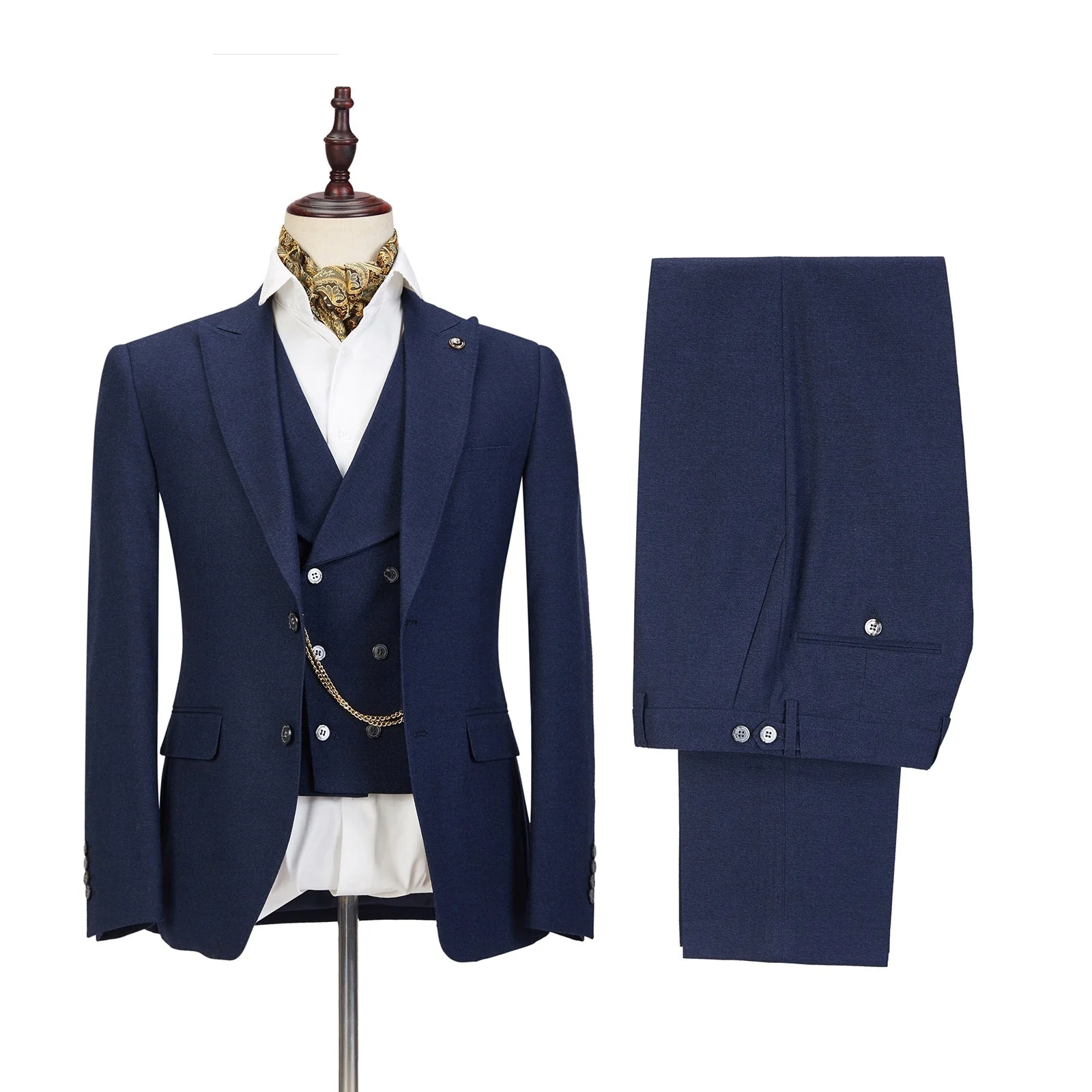 Dark Blue Three-piece Fashion Peaked Lapel Wedding Men Suits Sale - Image 3