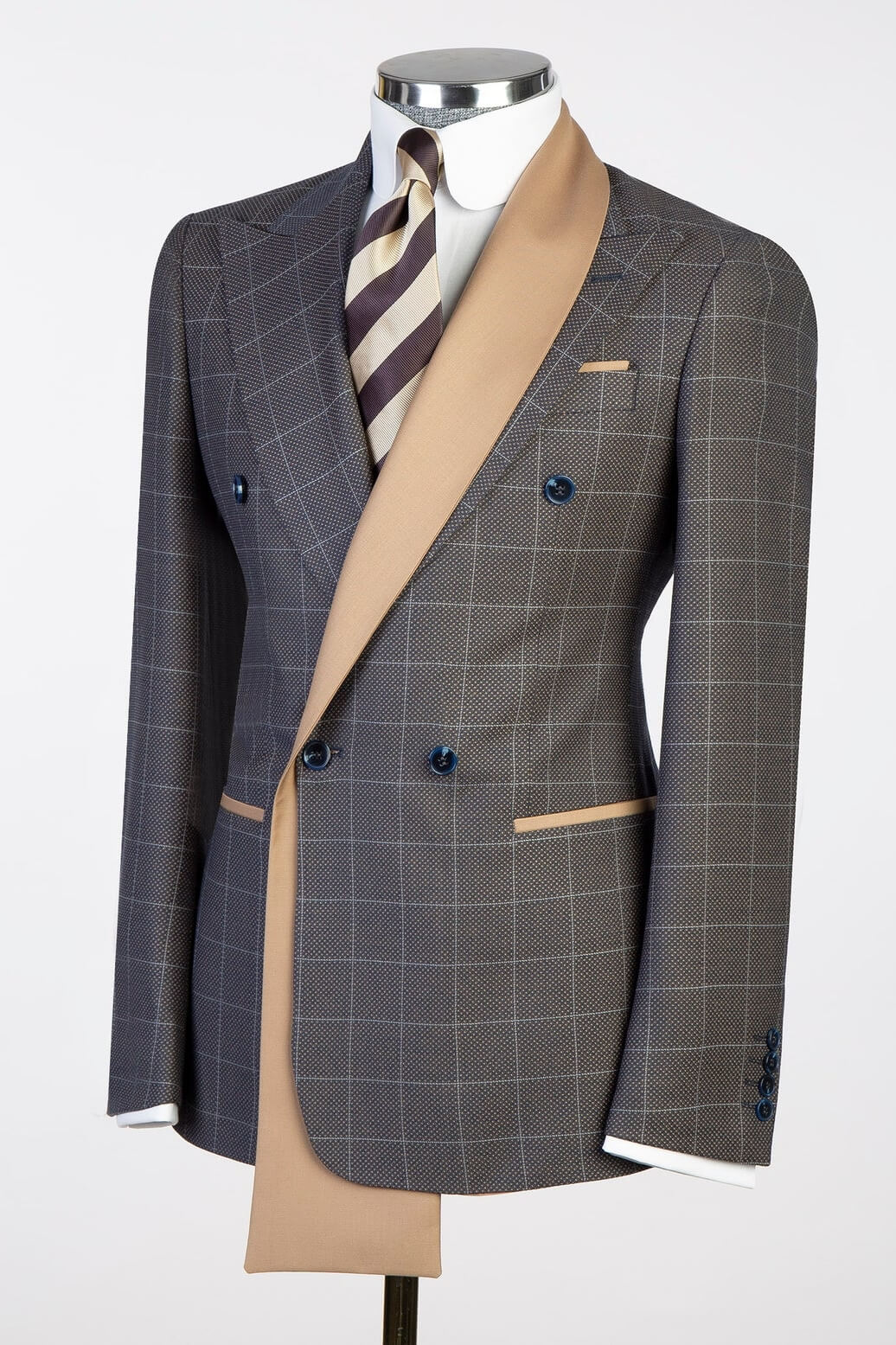 Dark Gray Plaid Business Suit with Double-Breasted Satin Lapel - Image 2