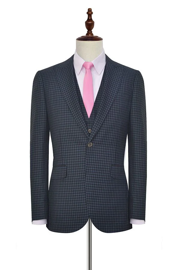 Dark Gray Small Check Three Piece Mens Suits One Button Formal Business Suits - Image 3