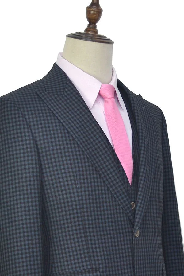 Dark Gray Small Check Three Piece Mens Suits One Button Formal Business Suits - Image 4