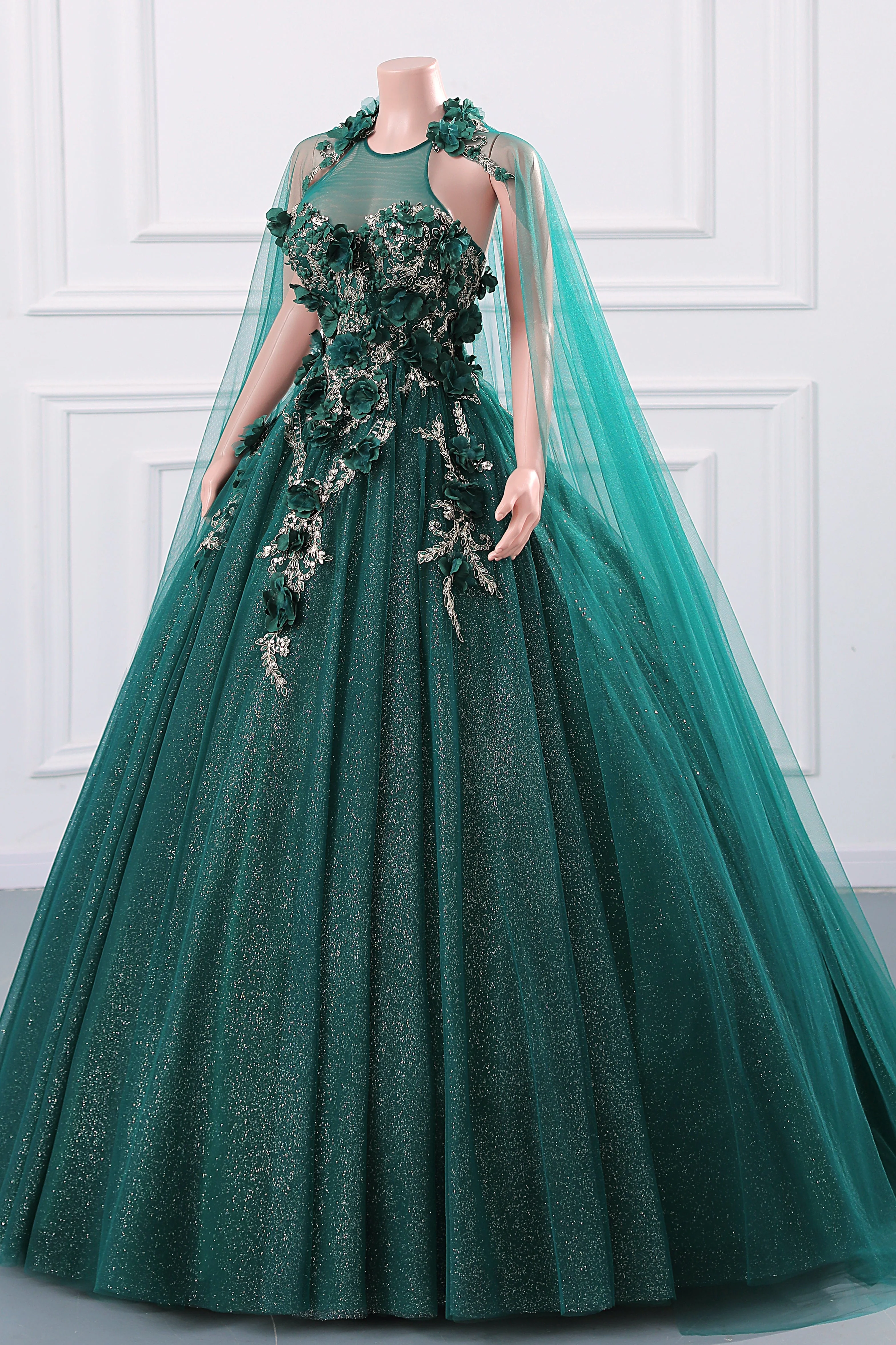 Dark Green Appliques Beaded Flowers Ball Gown Qunice Dresses - Image 8