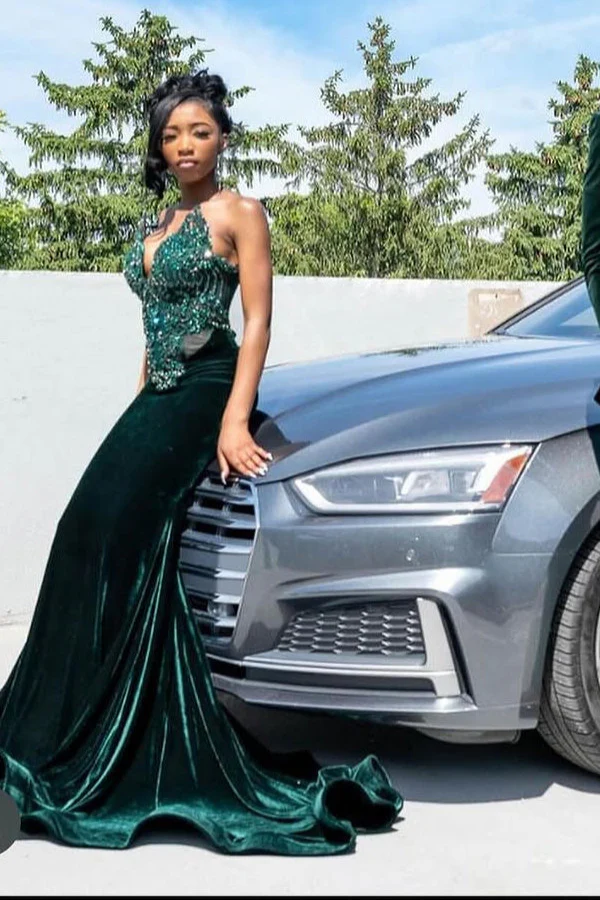 Dark Green Beaded Mermaid Fit Floor length Prom Dresses - Image 2