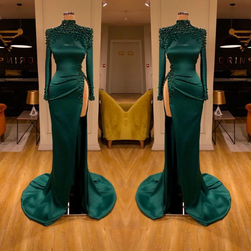 Dark Green Beadings Pearl Long Sleeves Evening Gowns Mermaid Prom Dress With Slit - Image 2