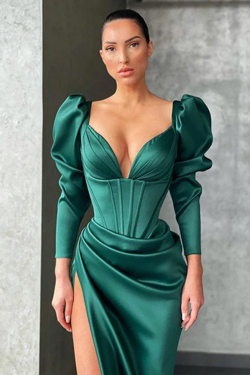 Dark green Bubble sleeves High-split Mermaid Prom Dress - Image 2
