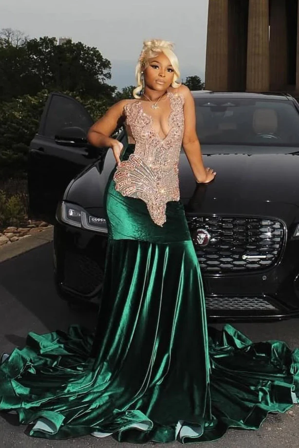 Dark Green Champange Beaded V-neck Sleeveless Long Prom Dresses - Image 2