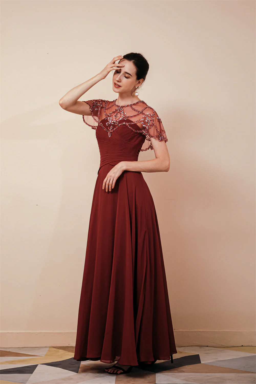 Dark green Chiffon Sparkle Beaded Evening Dress with Cape - Image 11