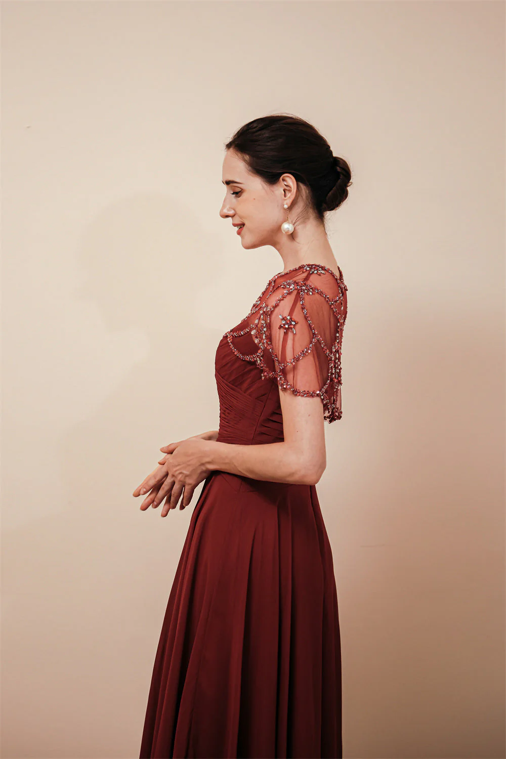 Dark green Chiffon Sparkle Beaded Evening Dress with Cape - Image 12