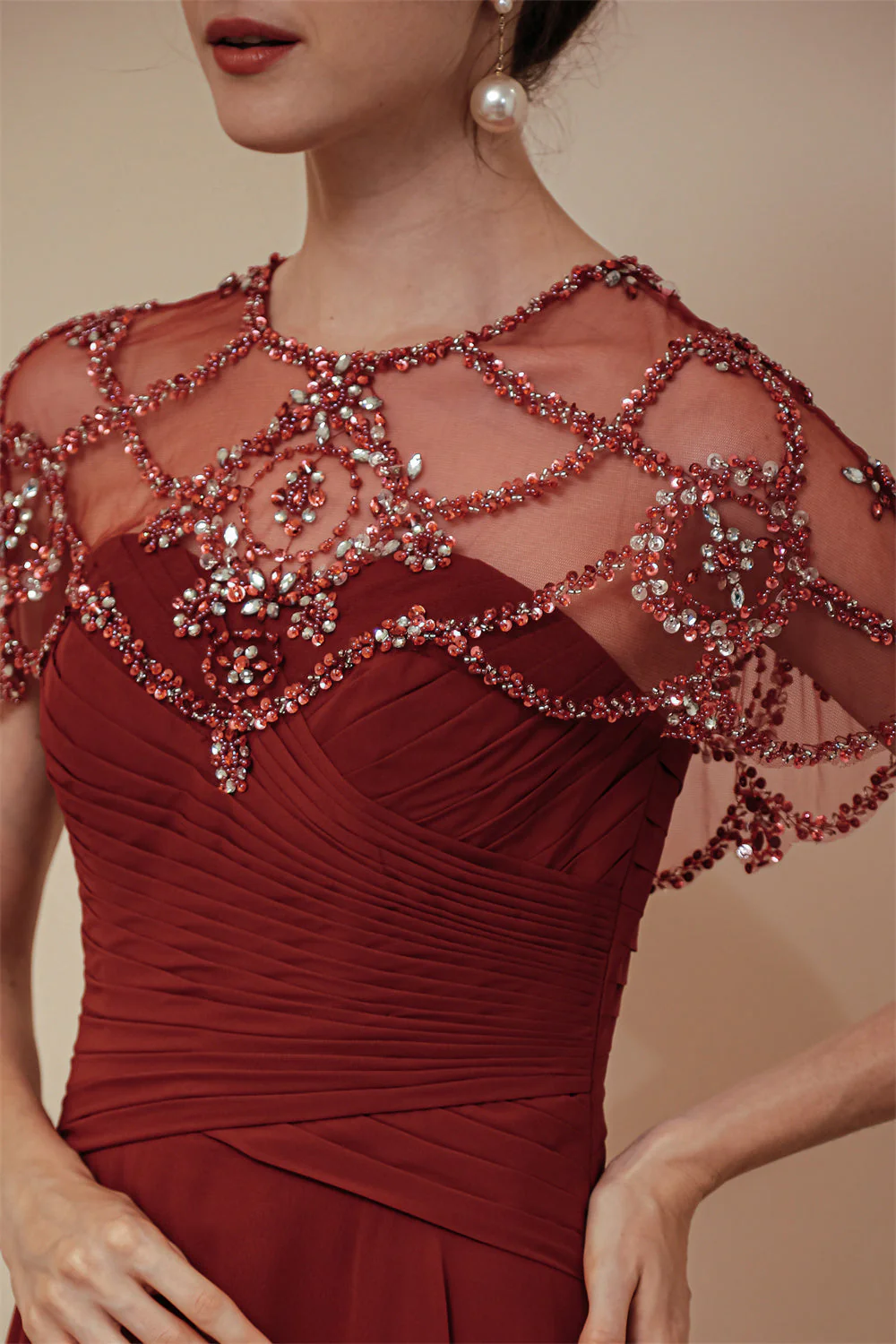 Dark green Chiffon Sparkle Beaded Evening Dress with Cape - Image 13
