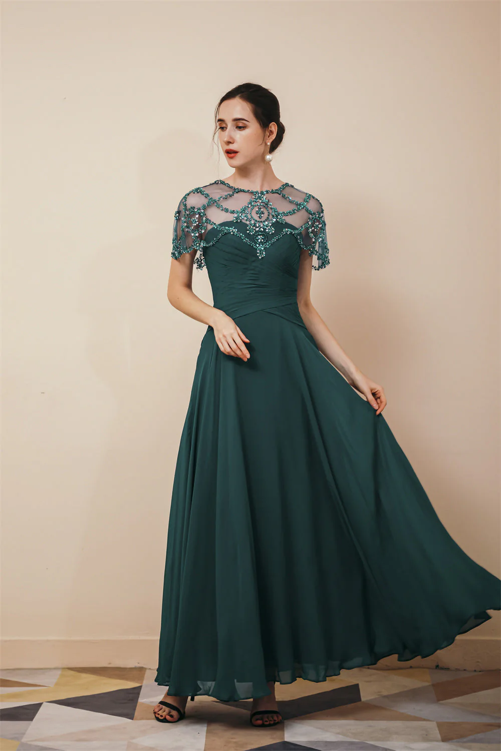 Dark green Chiffon Sparkle Beaded Evening Dress with Cape - Image 2