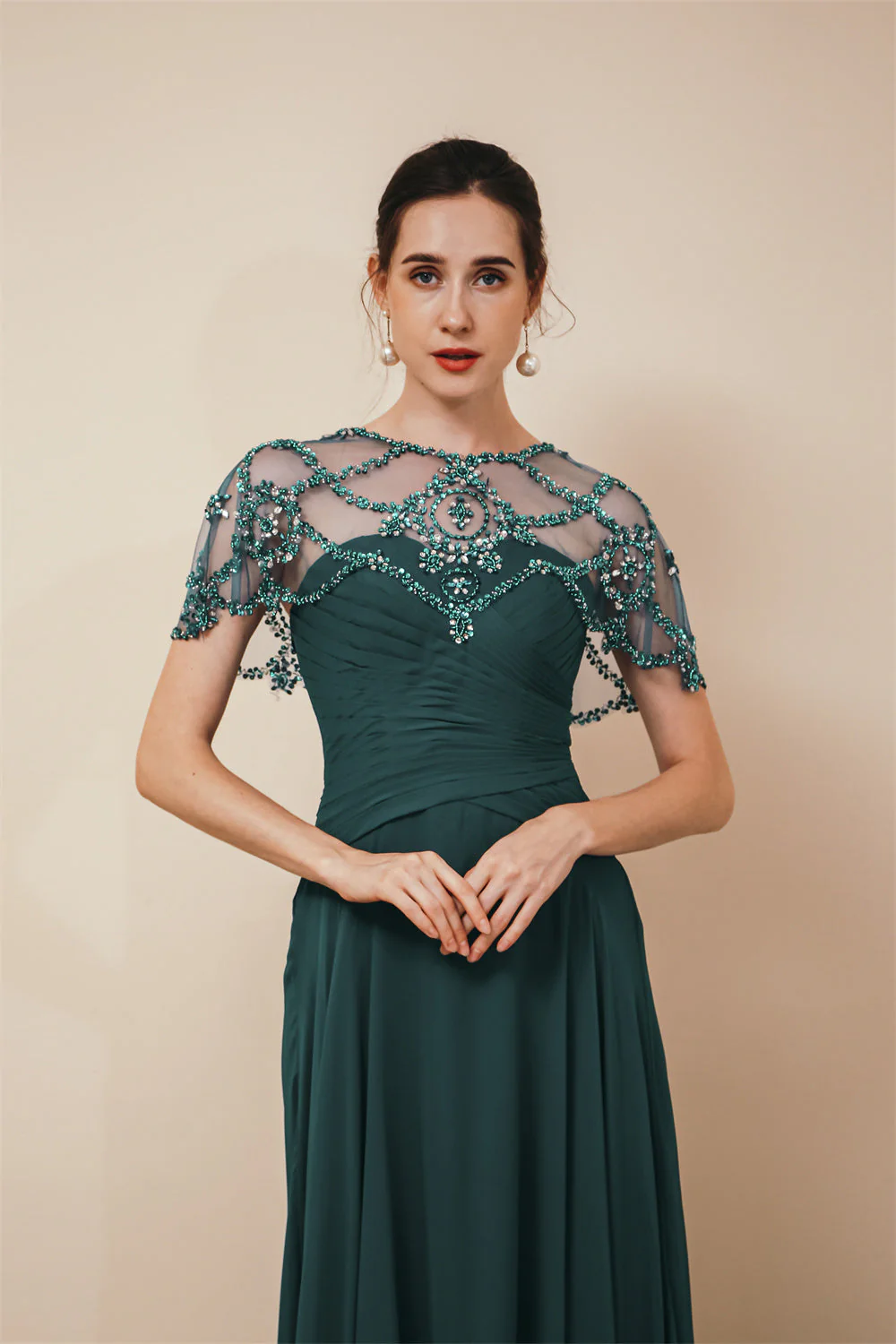 Dark green Chiffon Sparkle Beaded Evening Dress with Cape - Image 3
