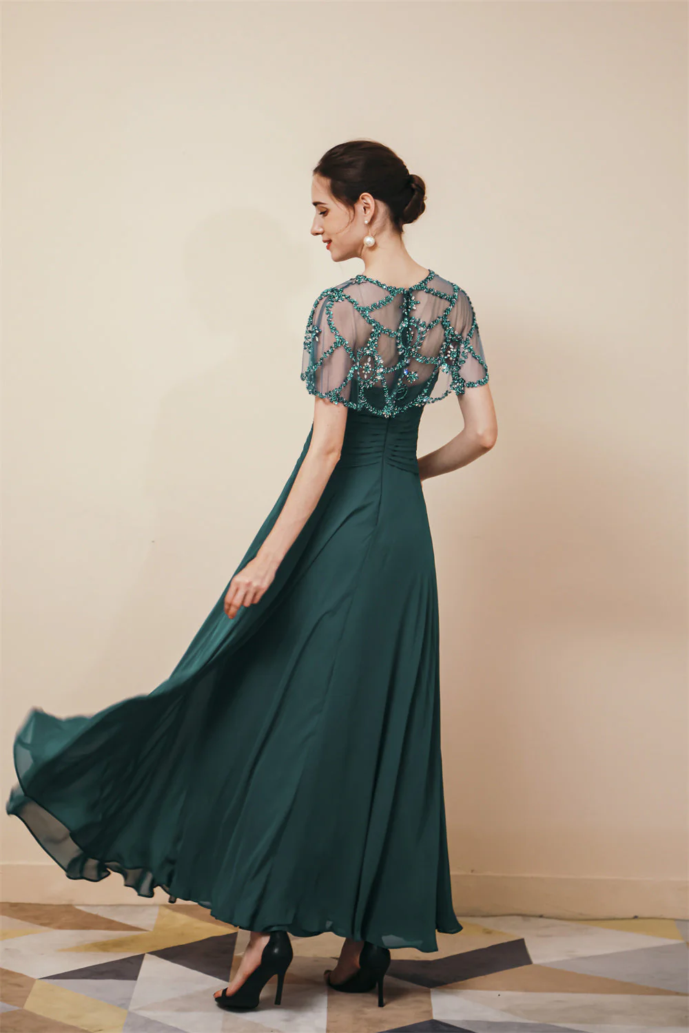 Dark green Chiffon Sparkle Beaded Evening Dress with Cape - Image 4