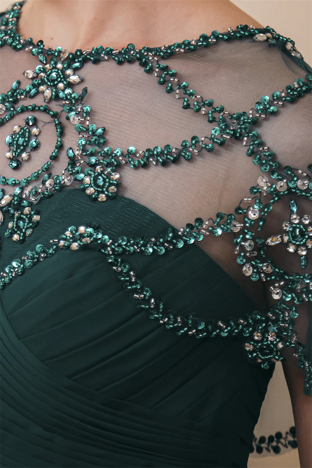 Dark green Chiffon Sparkle Beaded Evening Dress with Cape - Image 5