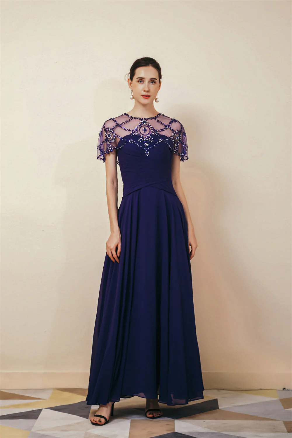 Dark green Chiffon Sparkle Beaded Evening Dress with Cape - Image 6