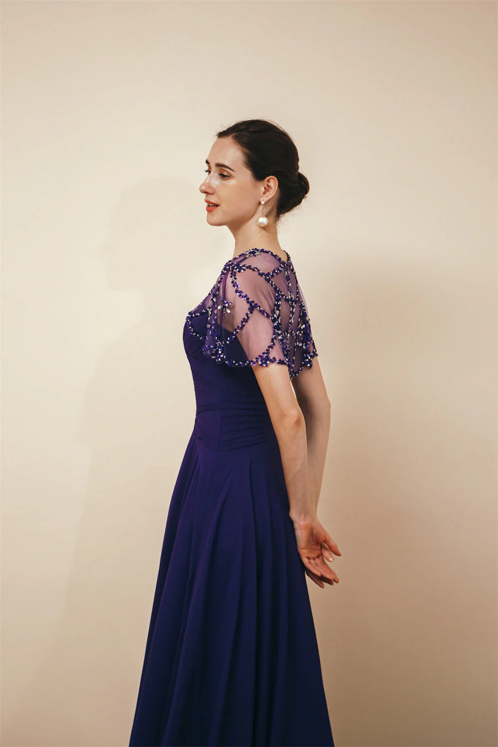 Dark green Chiffon Sparkle Beaded Evening Dress with Cape - Image 7