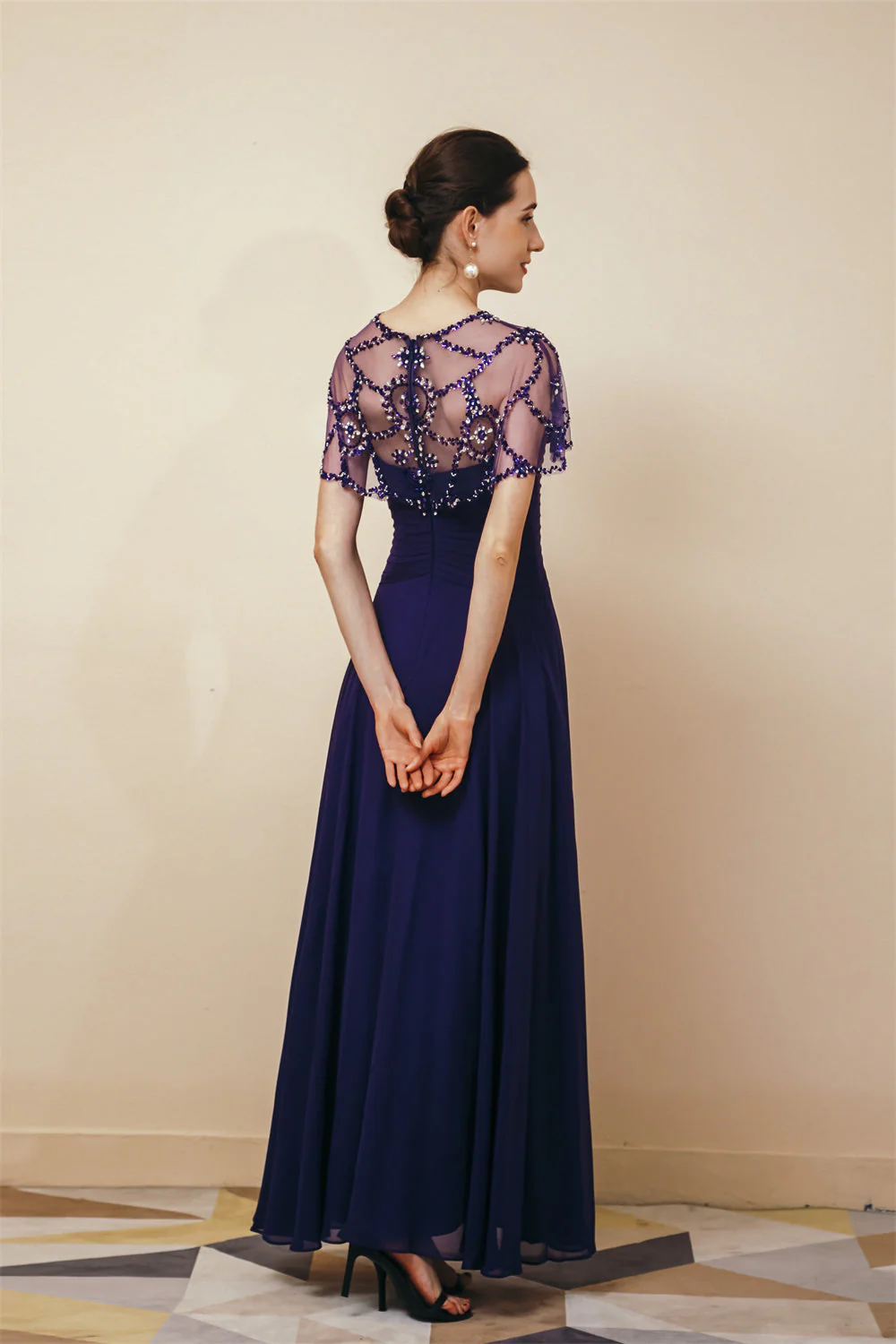 Dark green Chiffon Sparkle Beaded Evening Dress with Cape - Image 8