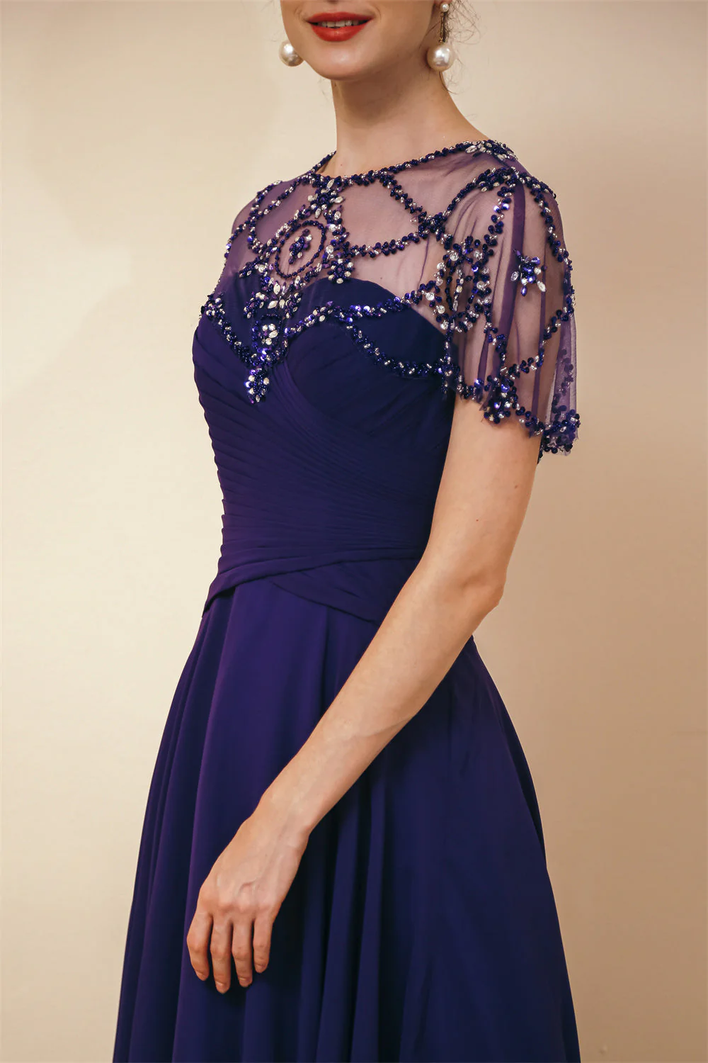 Dark green Chiffon Sparkle Beaded Evening Dress with Cape - Image 9