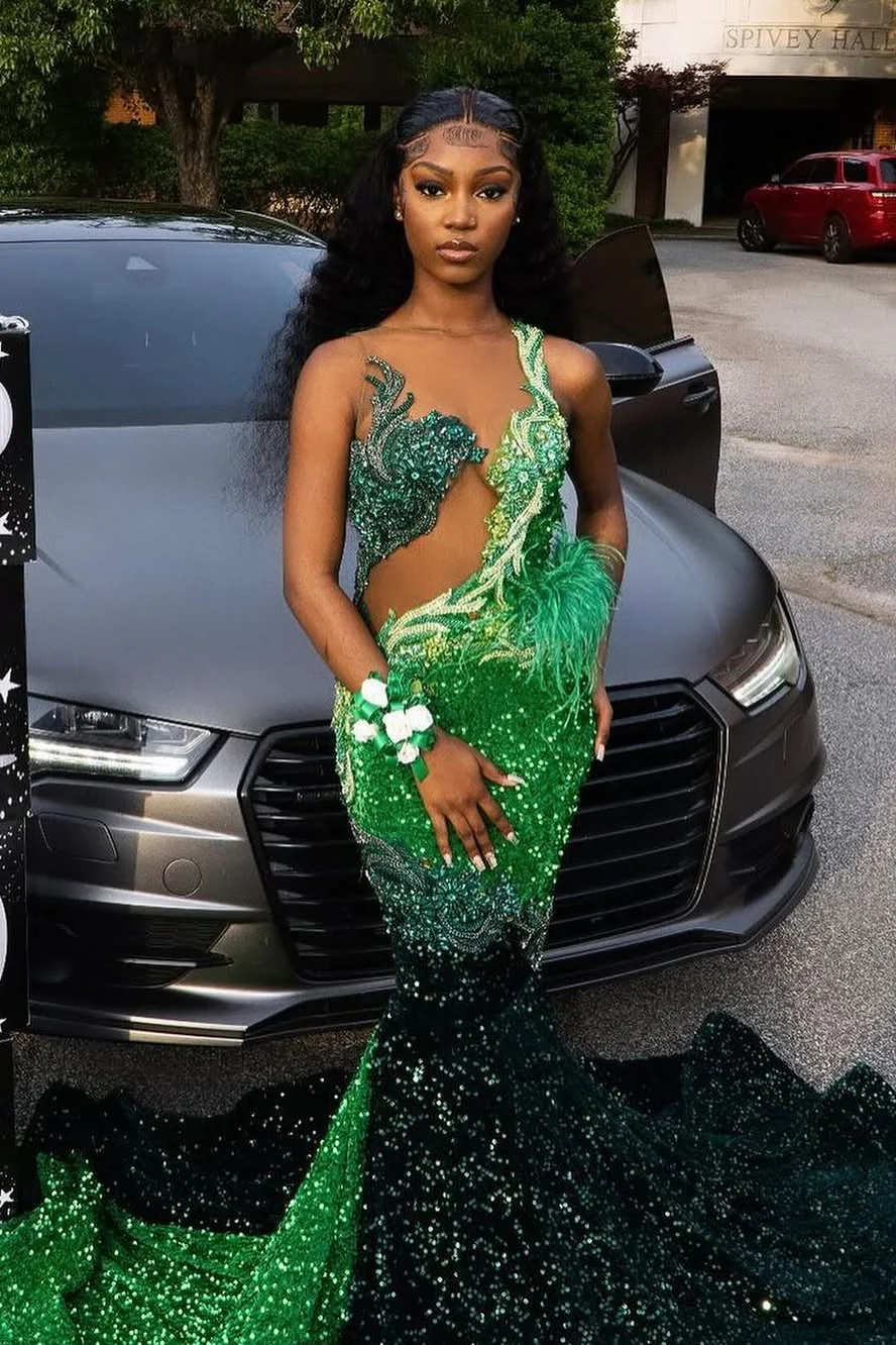 Dark Green Emerald Green Mermaid Hot See through Keyhole Prom Dresses - Image 2
