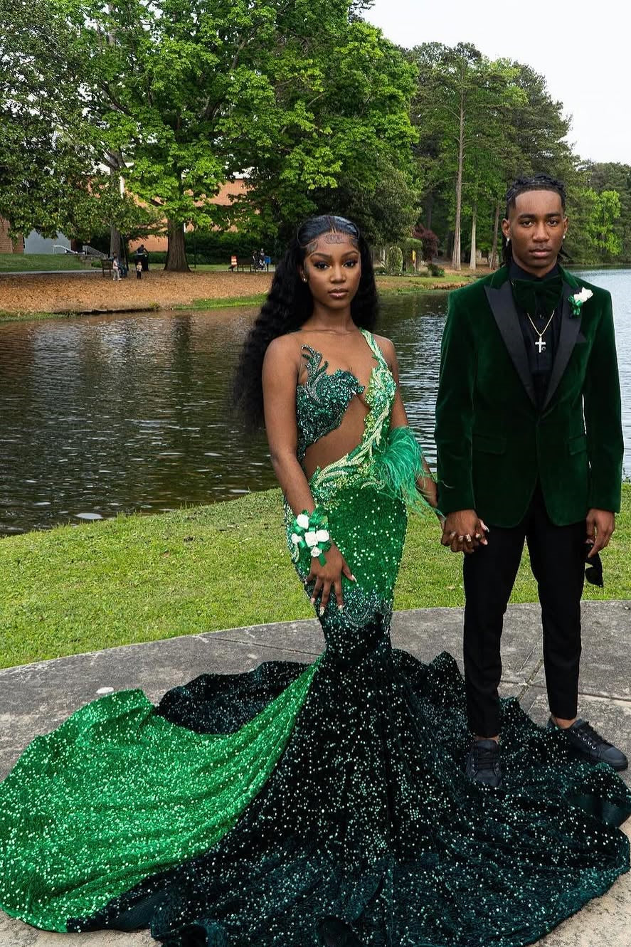 Dark Green Emerald Green Mermaid Hot See through Keyhole Prom Dresses - Image 3
