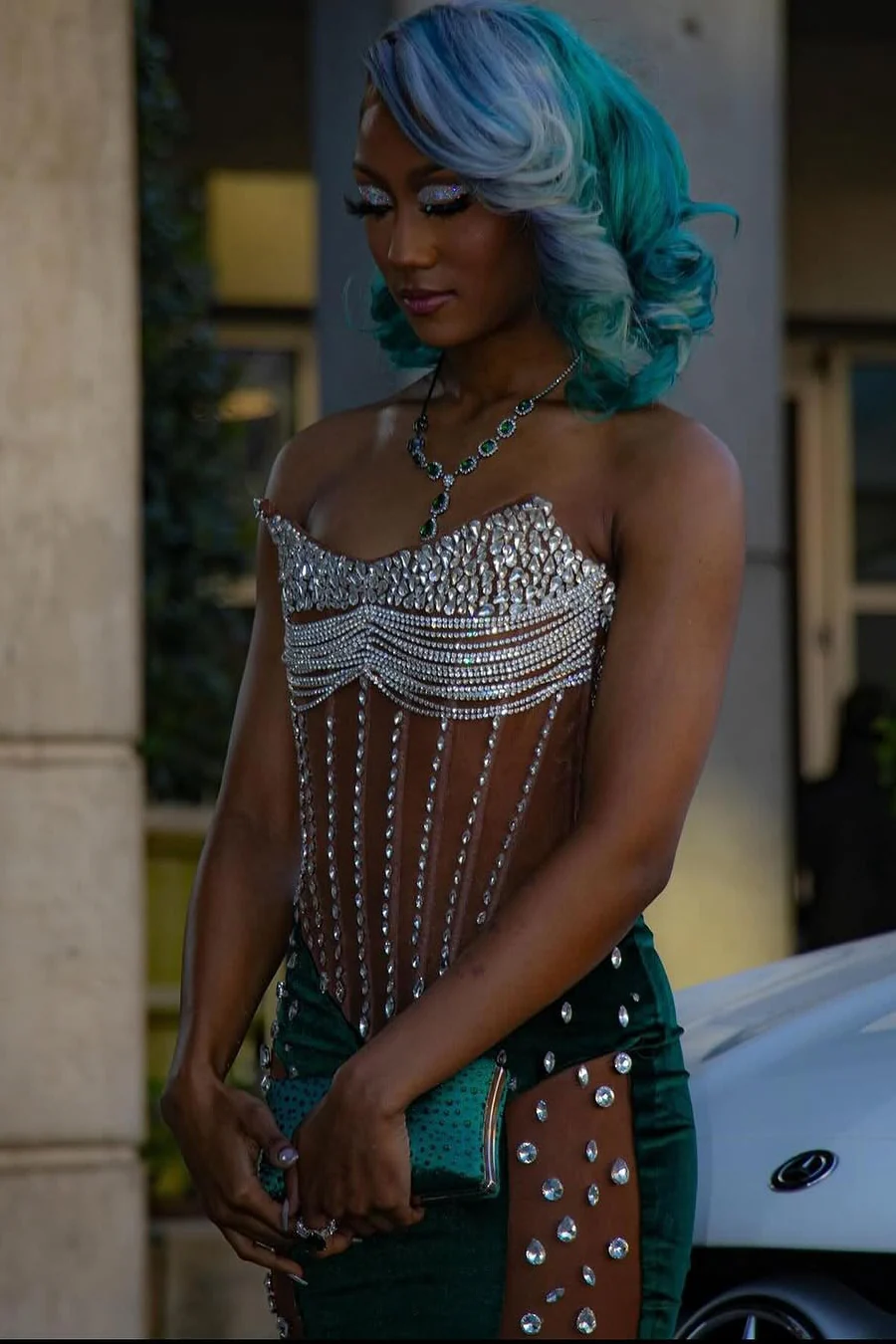Dark Green Sweetheart Silver Beaded See through Hot Prom Dresses - Image 2