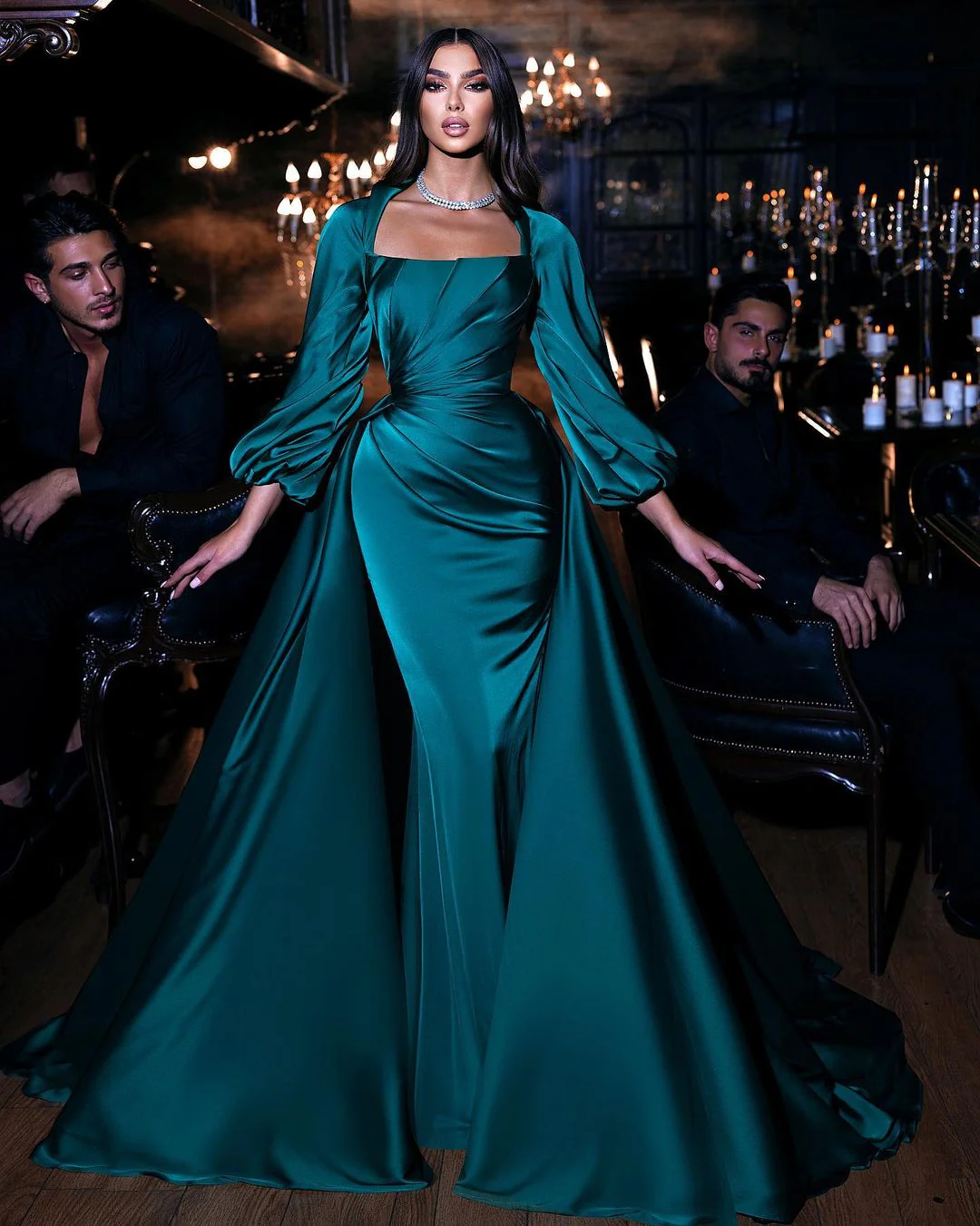 Dark Green Long sleeves Floor length Mermaid Prom Dress with Detachable Train - Image 2
