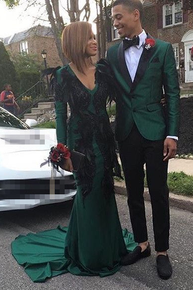 Dark Green Men's Suits for Prom 2 Piece Black Satin Lapel Wedding Tuxedo - Image 2