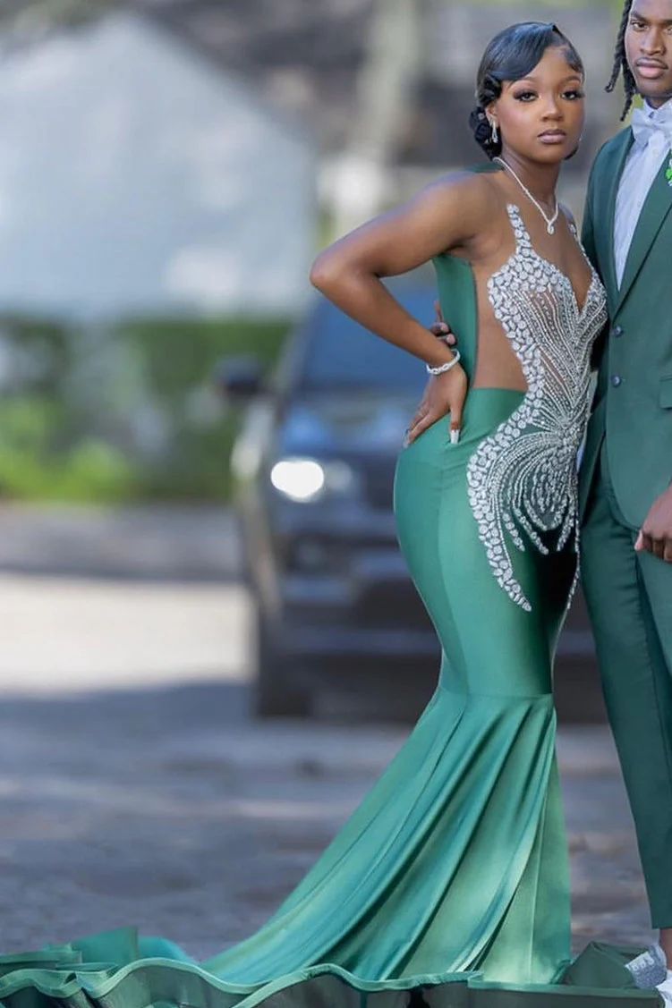 Dark Green Mermaid Floor length Prom Dresses with Silver Beads - Image 2