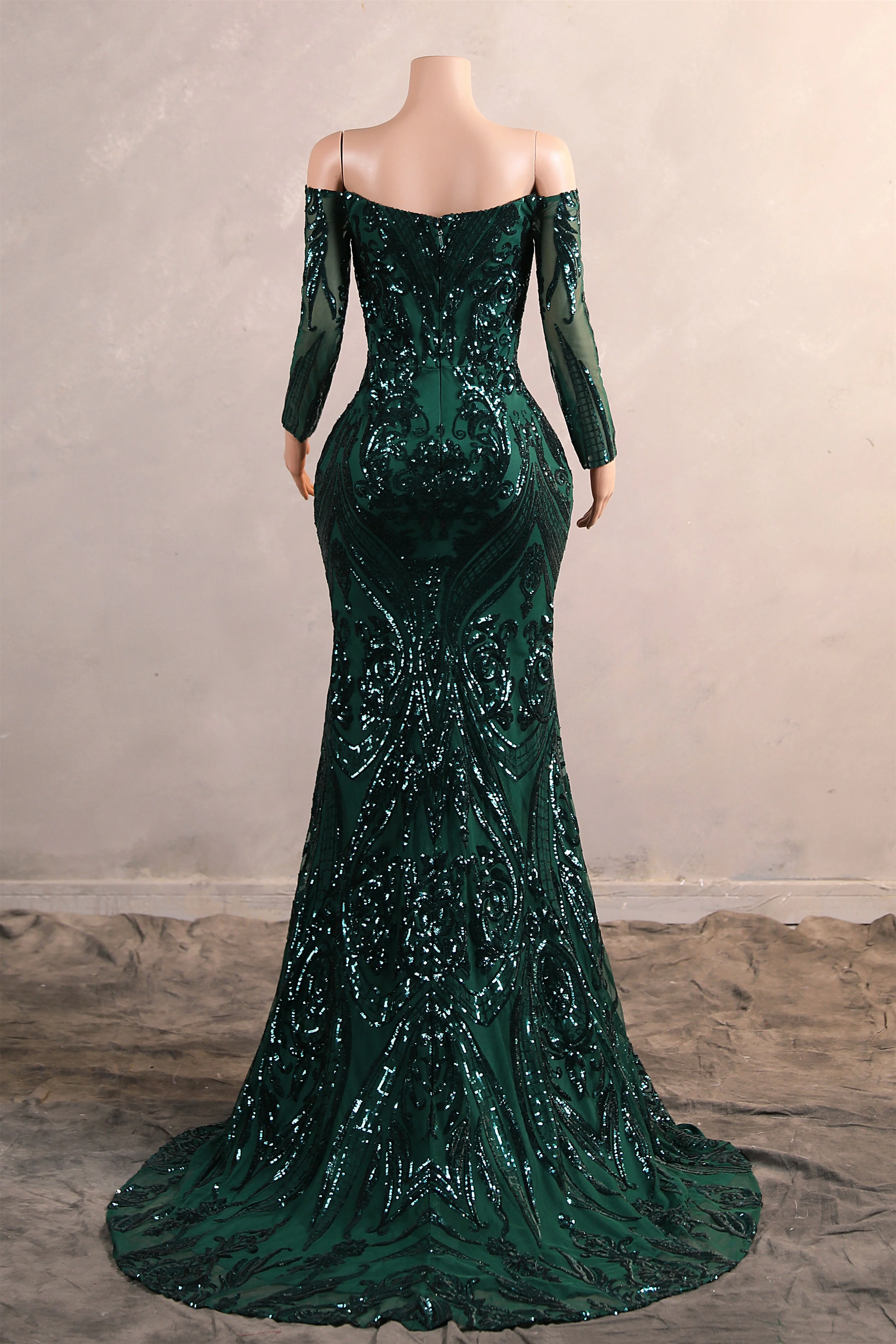 Dark Green Off-the-shoulder Long sleeves Sequin Mermaid Prom Dresses - Image 2