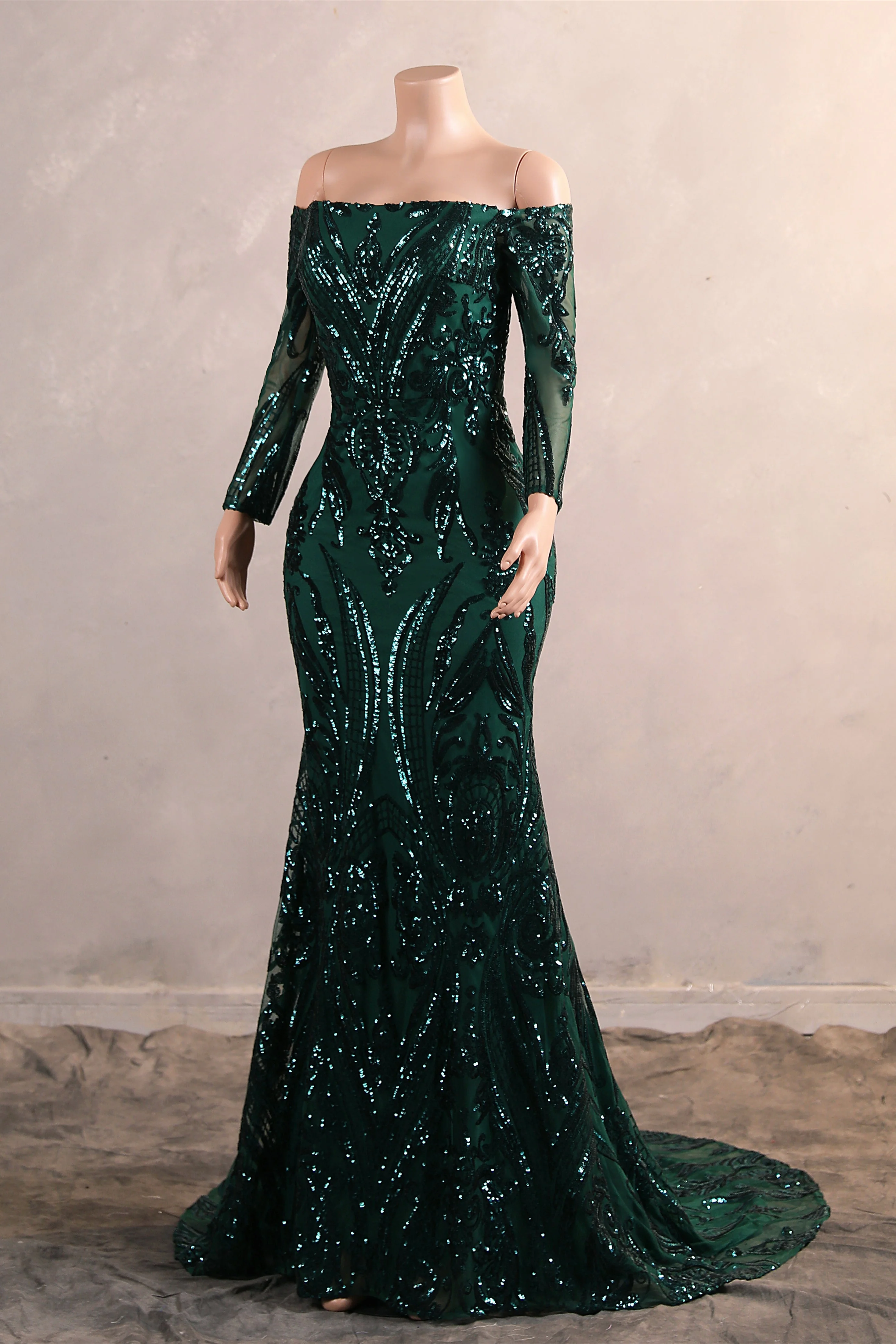 Dark Green Off-the-shoulder Long sleeves Sequin Mermaid Prom Dresses - Image 6