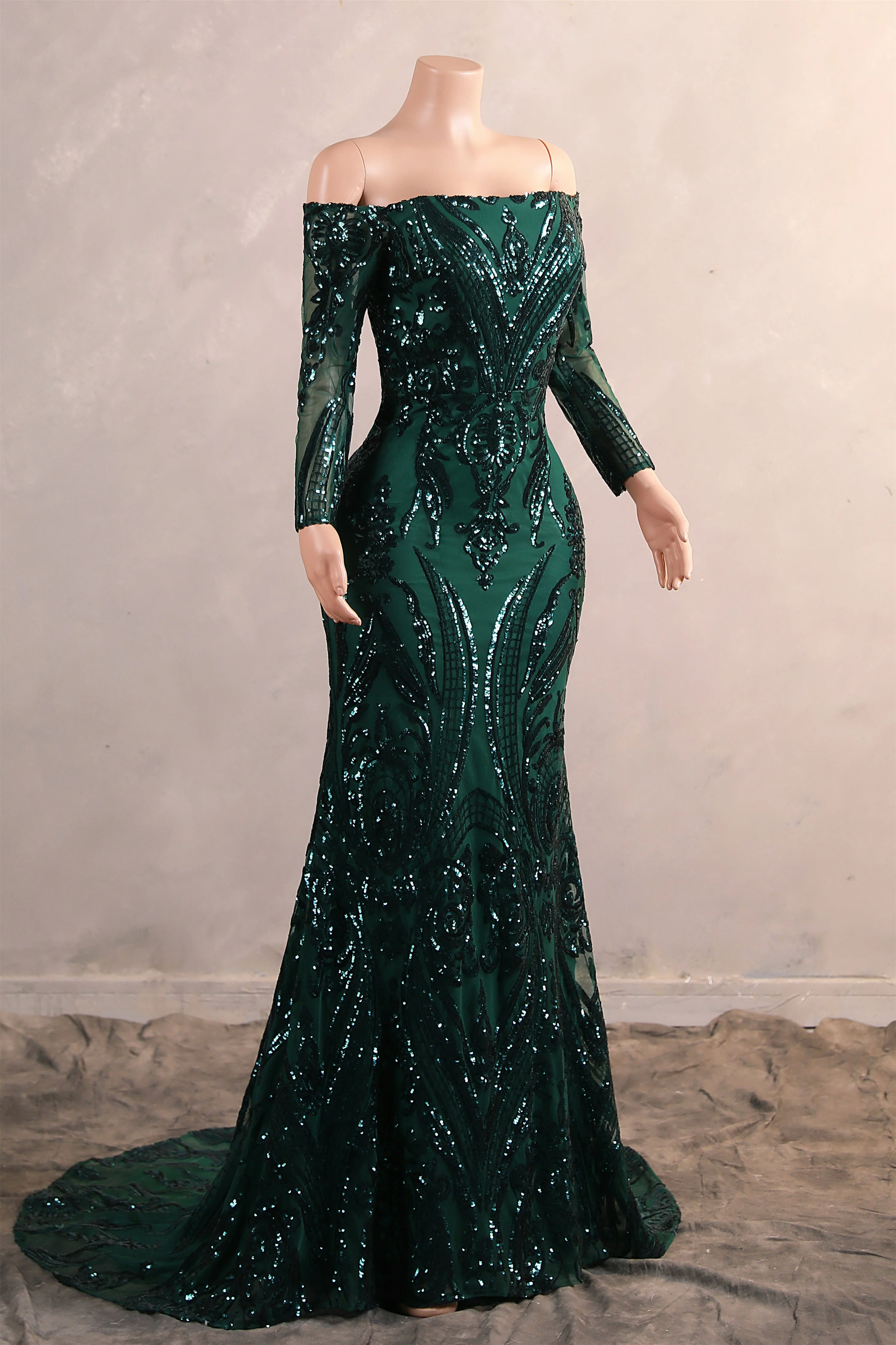 Dark Green Off-the-shoulder Long sleeves Sequin Mermaid Prom Dresses - Image 7