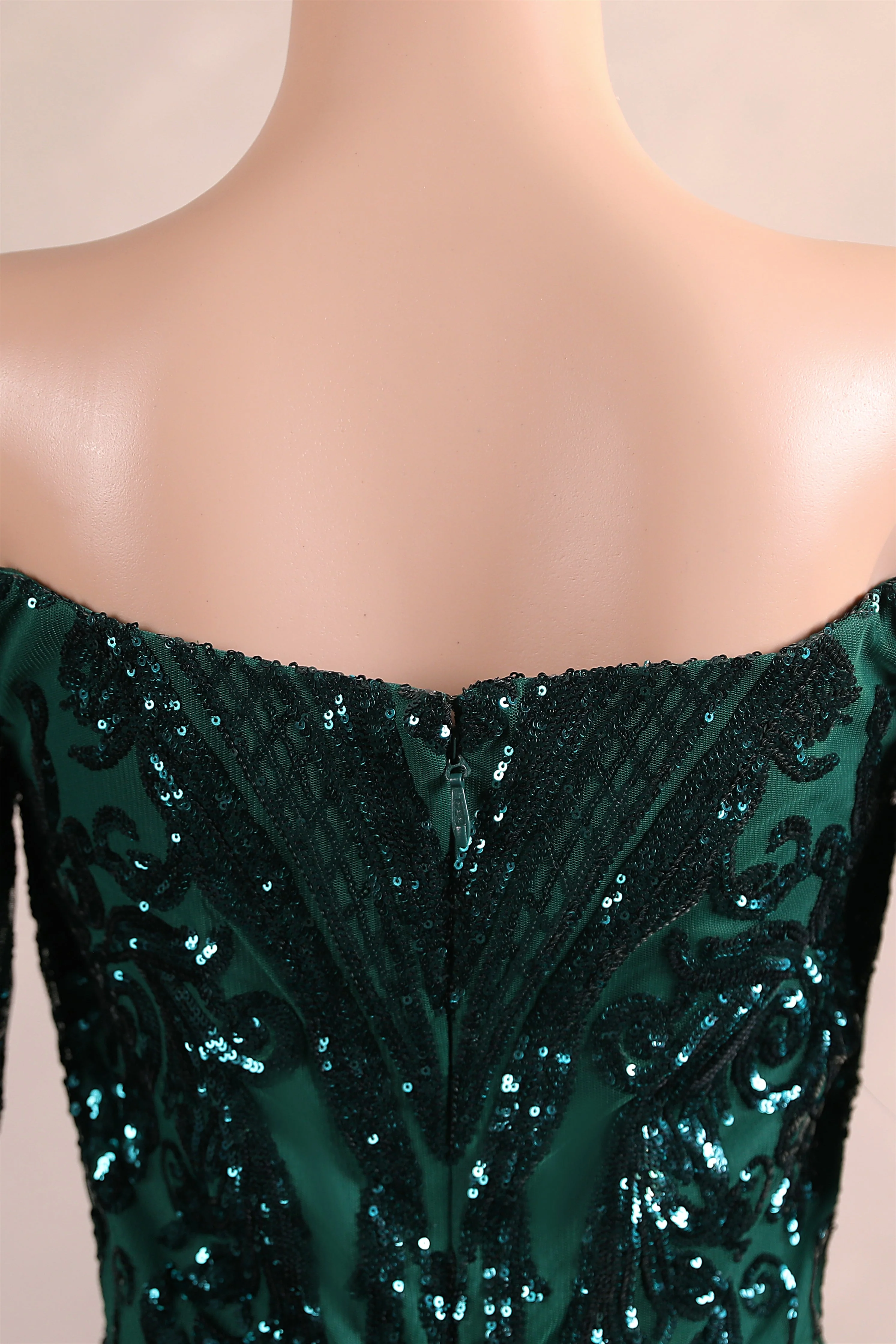Dark Green Off-the-shoulder Long sleeves Sequin Mermaid Prom Dresses - Image 8