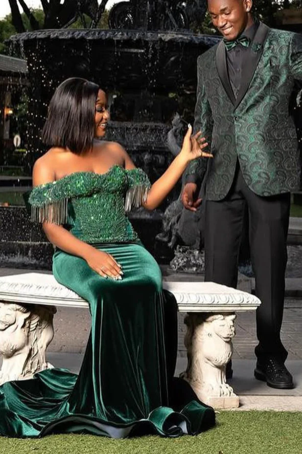 Dark Green Off the shoulder Sequined Mermaid Long Prom Dresses - Image 2
