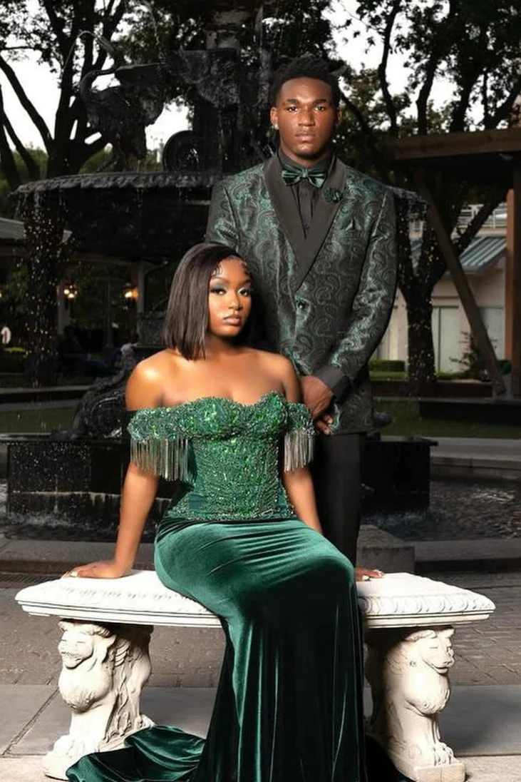 Dark Green Off the shoulder Sequined Mermaid Long Prom Dresses - Image 4