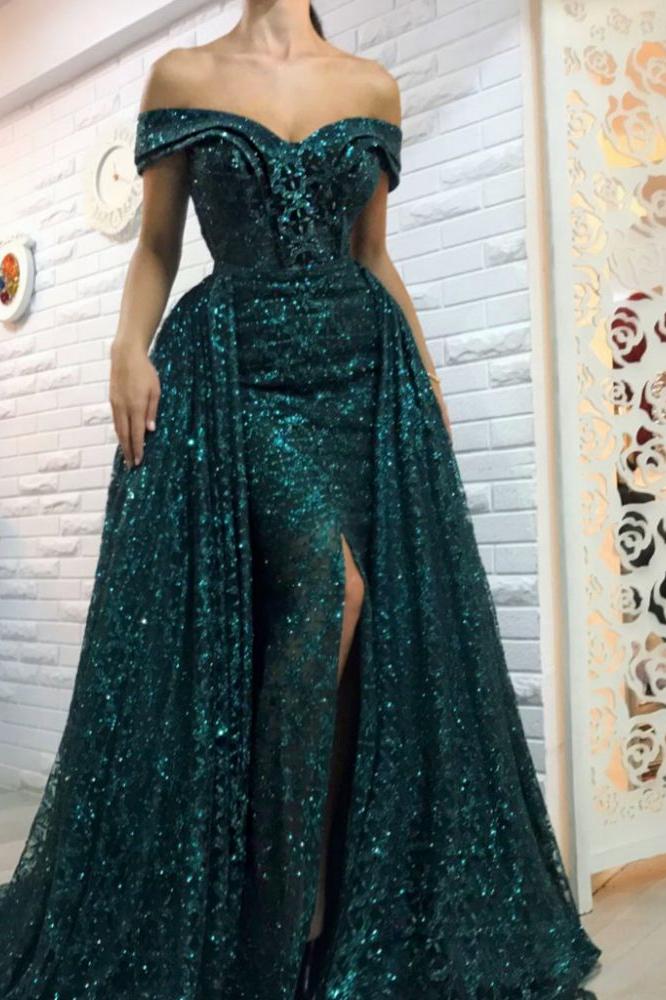 Dark Green Off-the-Shoulder Sparkle Long Evening Dresses Sheath Chic High Split Overskirt Prom Dresses - Image 2