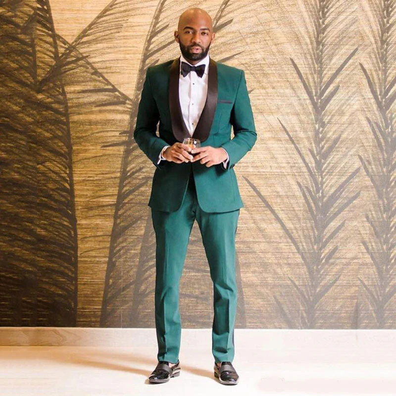 Dark Green One Button Black Shawl Lapel Wedding Groom Suits Online - Image 2