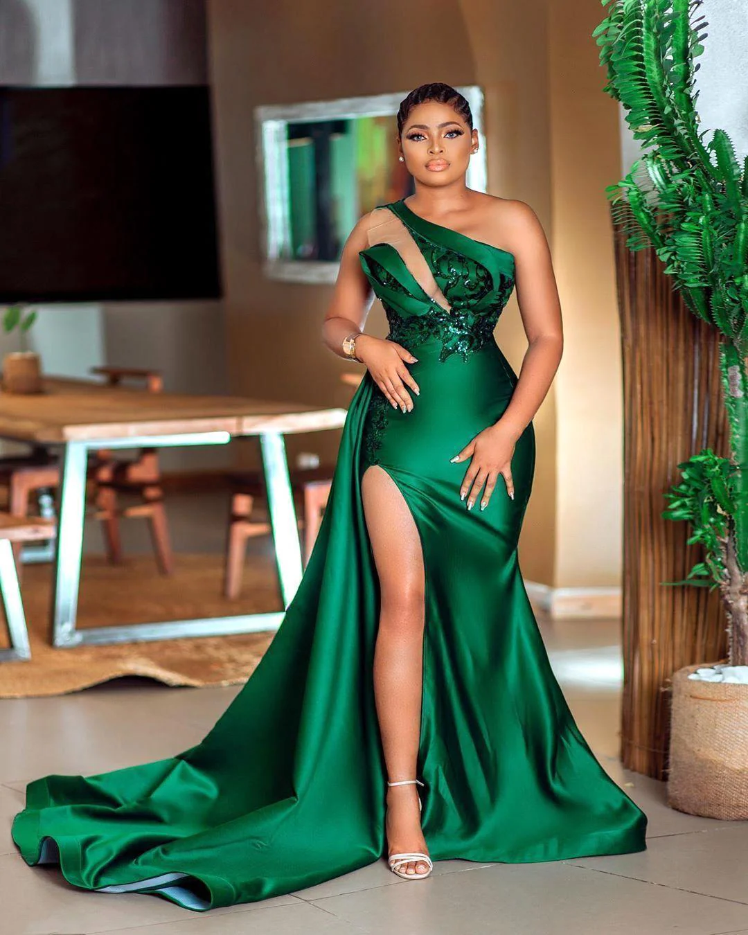 Dark green Plunging V neck One shoulder High split Mermaid Prom Dress - Image 3