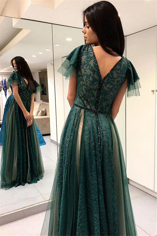 Dark Green Princess Short Sleeves Long Prom Dresses V-Neck Lace Evening Dresses with Soft Pleats - Image 2