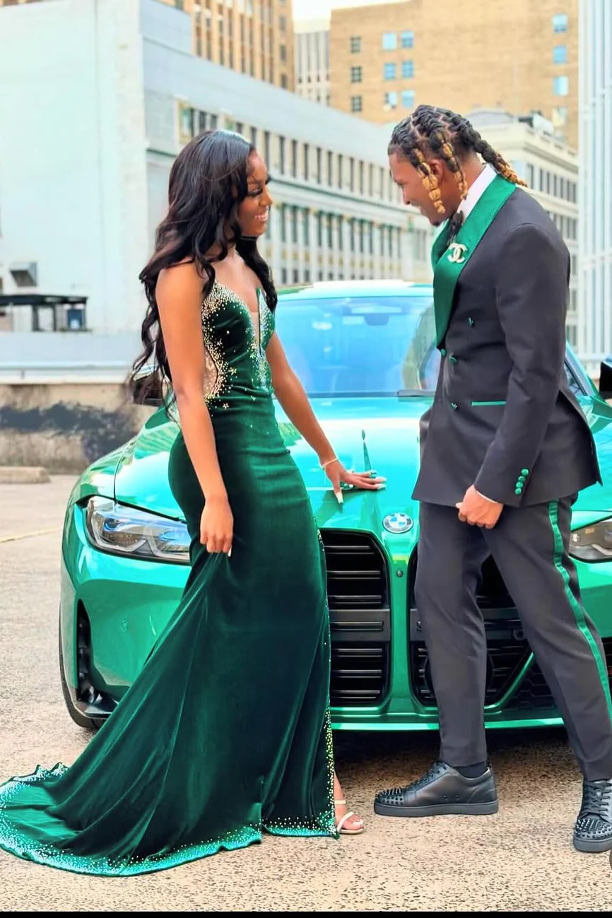 Dark Green Silver Beaded Velvet High Split Mermaid Prom Dresses - Image 2