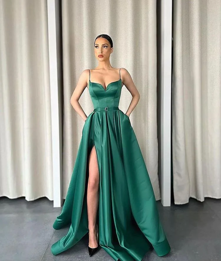 Dark Green Spaghetti-Strapes Slit Evening Dress Long With Pockets - Image 2