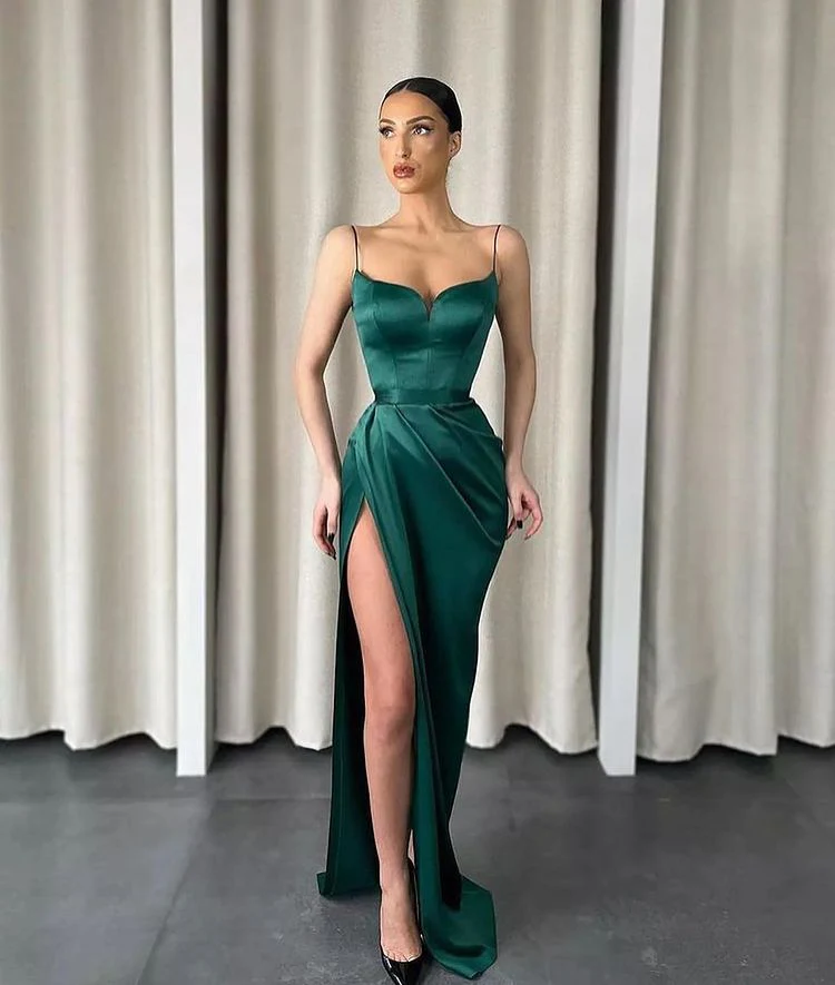 Dark Green Spaghetti-Straps Mermaid Prom Dress Long With Slit - Image 2