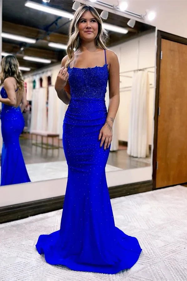 Dark Green Straps Mermaid Criss-cross Back Prom Dresses - Image 3