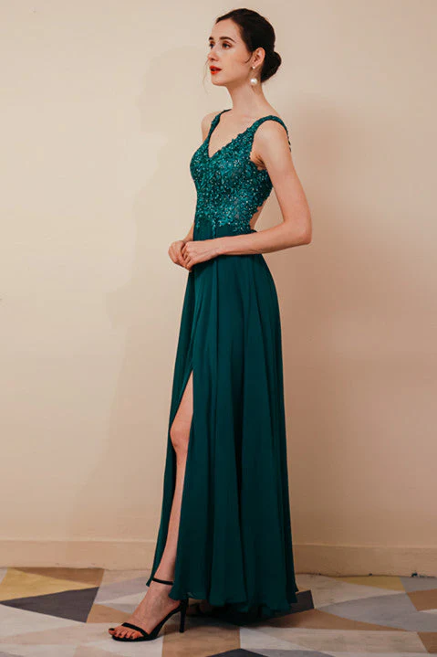 Dark Green V-neck Open-back Sleeveless Lace Evening Dress - Image 3