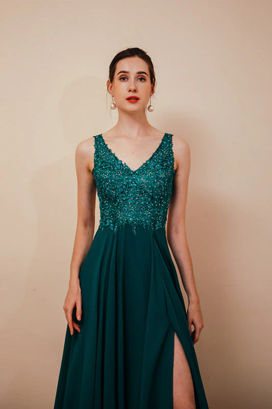 Dark Green V-neck Open-back Sleeveless Lace Evening Dress - Image 6
