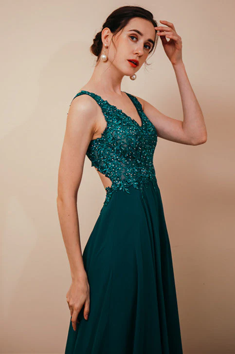 Dark Green V-neck Open-back Sleeveless Lace Evening Dress - Image 7