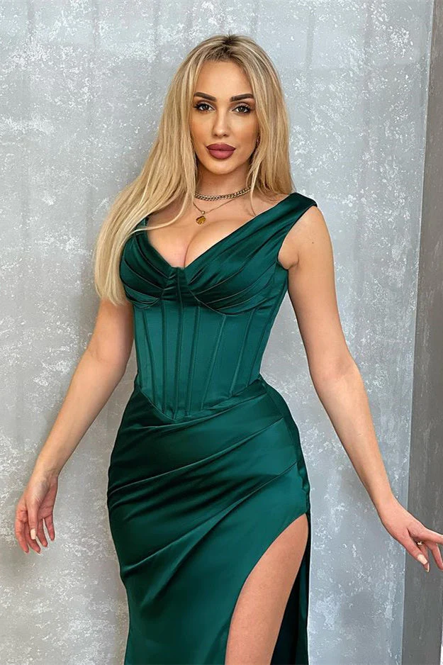Dark Green V-Neck Sleeveless Evening Dress Mermaid Long With Slit - Image 2