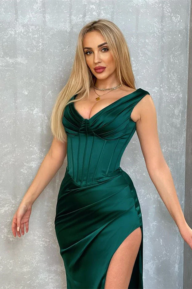 Dark Green V-Neck Sleeveless Evening Dress Mermaid Long With Slit - Image 3