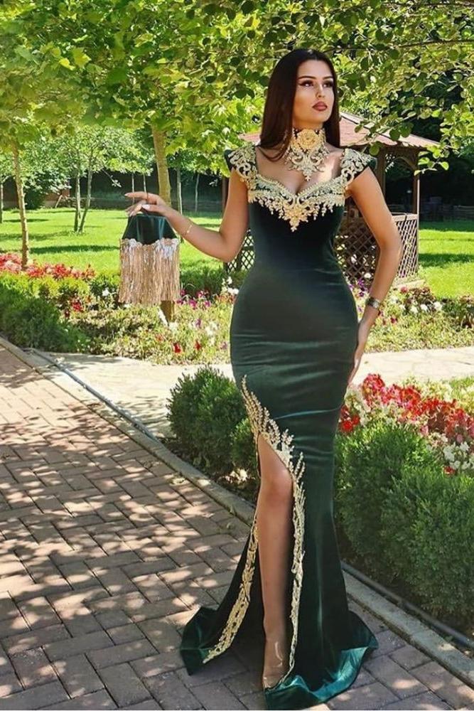 Dark Green Velvet Mermaid Evening Dress with Gold Lace appliques - Image 2